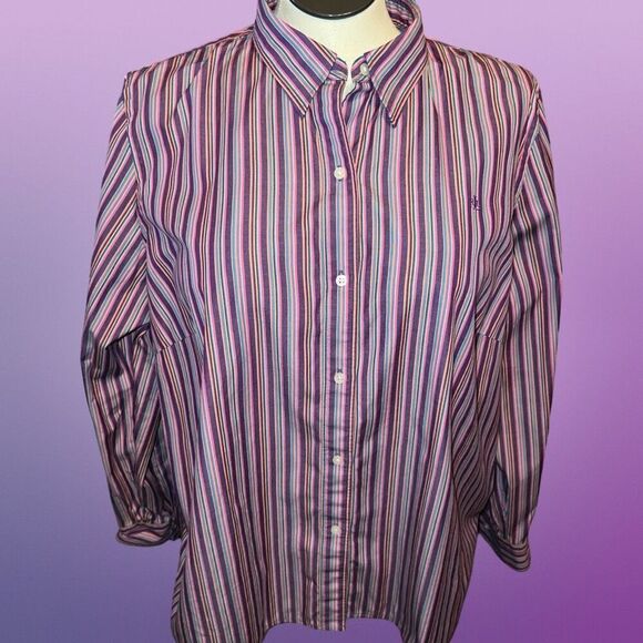 Plus Size Lauren Ralph Lauren Stripped Long Sleeve Button Up Front Shirt Size 2x - Picture 2 of 5